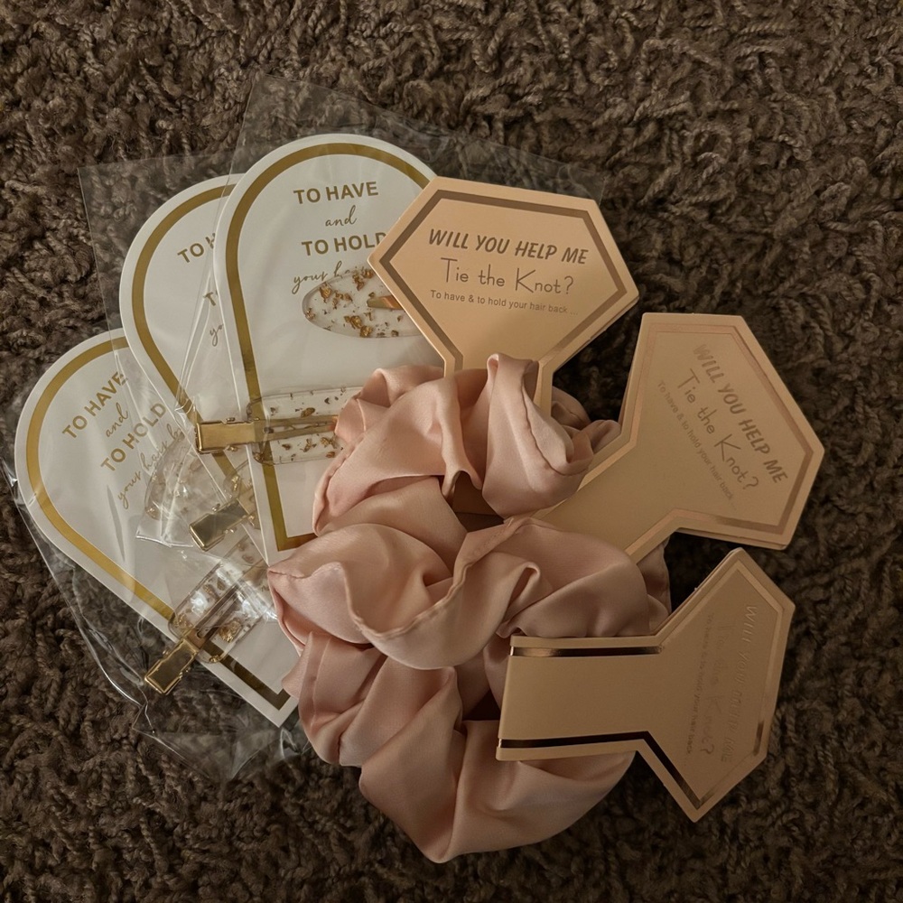 Bridesmaid proposal box add ins. Pink Satin Scrunchie and Hair Clip Set